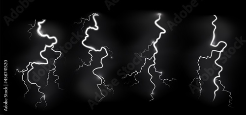Lightnings storm. Realistic blitz electric sky lightning on black background with power strike effects. White glowing thunder light sparks, thunderstorm climate objects, vector isolated set