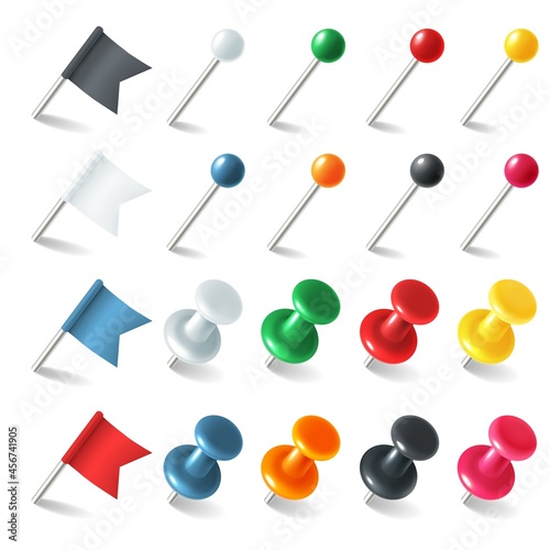 Pins tacks flags. Pointer colored marker pin flag, 3D thumbtacks tacks for attaching notes, plastic buttons with needles. Pushpins map markers, office stationery. Vector realistic isolated set