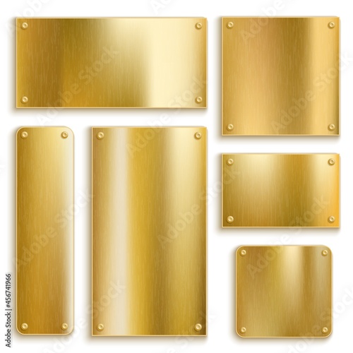 Plates golden. Metallic yellow plate, gold shiny square and rectangular bronze banner. Polished textured blank label with screws. Luxury banner background. Vector realistic isolated set