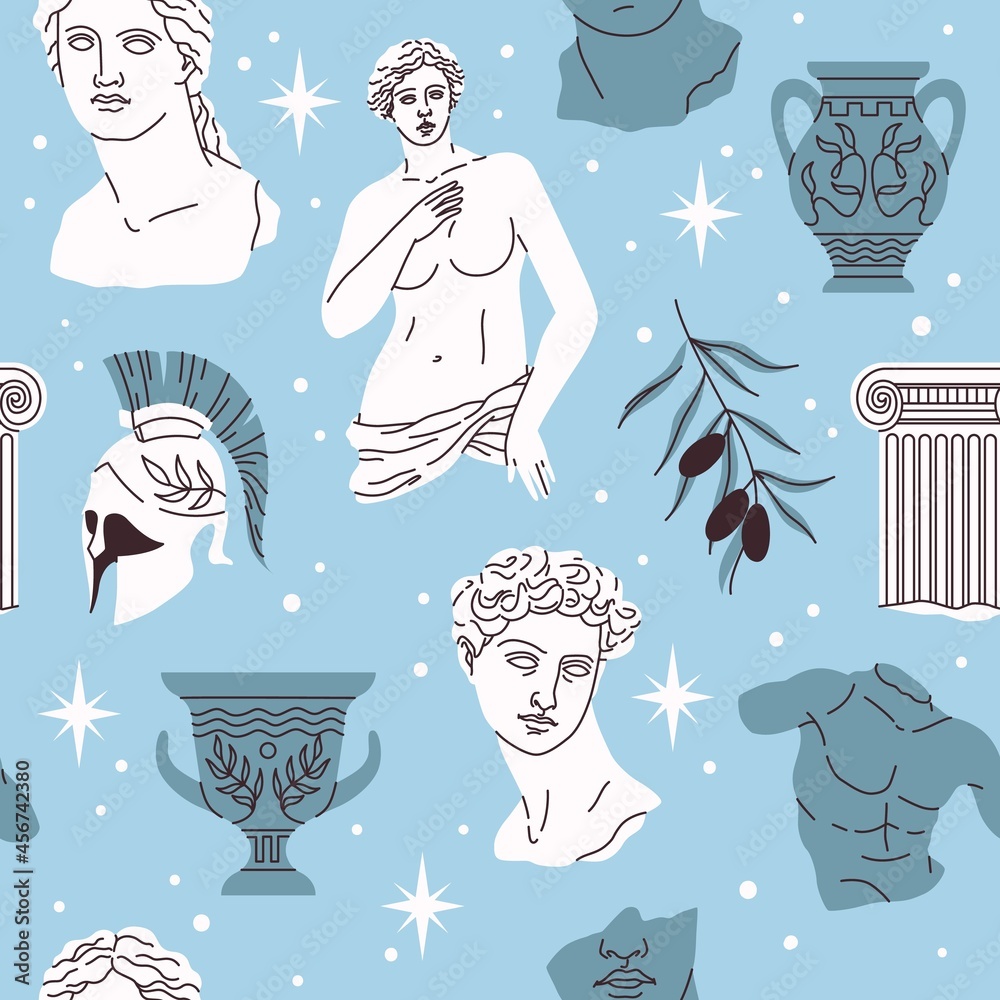 Seamless pattern antique statues. Ancient greek sculpture elements, hipster trendy style background, olive branches, column capitals. Decor textile, wrapping paper wallpaper vector print