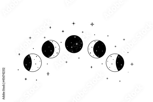 Set of Moon phases. Crescent, new, surface and eclipse. Astronomy cycle of satellite on the white background. Aesthetic Vector Illustration 
