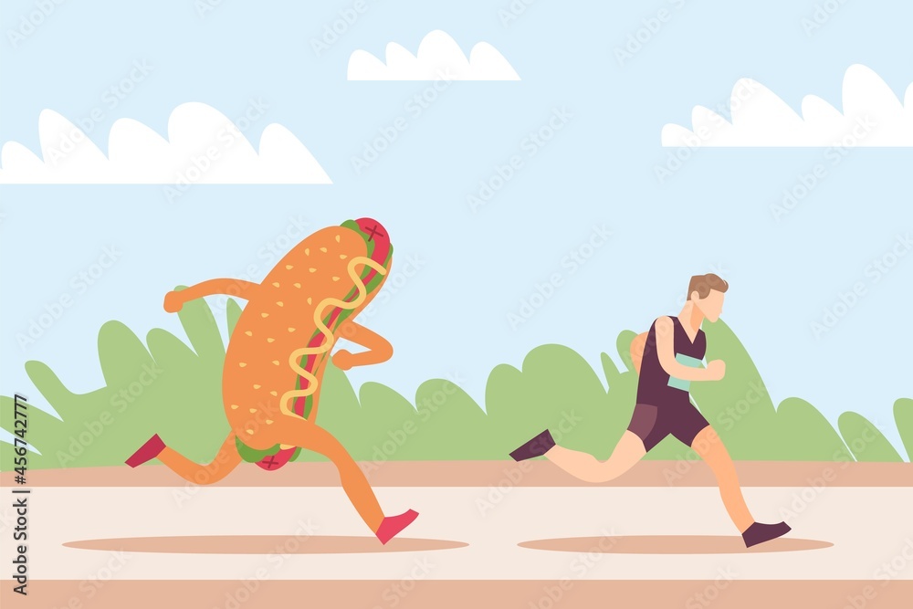 Running away from junk food. Hot dog mascot stalking sportsman. Athletic man jogging for slimming. Weight loss training. Unhealthy meal chasing to runner. Outdoor workout. Vector concept