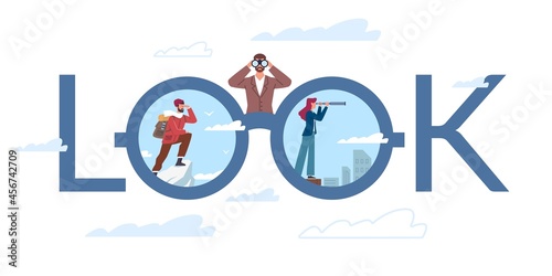 Look at world. Travel and world exploration poster. Man and woman looking through binoculars at city or nature. Lettering design. People admire landscape with telescope. Vector concept