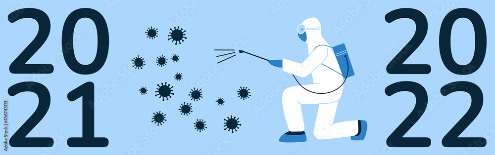 Horizontal 2022 New Year banner, poster design concept. No infection, germs. Specialist, doctor in white hazmat suit, mask. Disinfection in public places. Fight against coronavirus. Healthcare doctors Horizontal 2022 New Year banner, poster design concept. No infection, germs. Specialist, doctor in white hazmat suit, mask. Disinfection in public places. Fight against coronavirus. Healthcare doctors