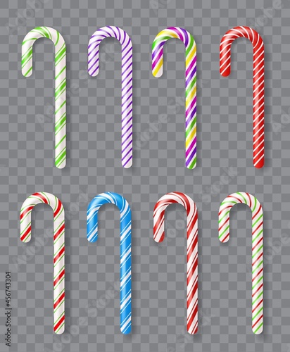 Christmas cane lollipop. Realistic winter holiday traditional sweets, different colors candies, new year products, sugar toy decor, kids xmas gifts, sugar products vector 3d isolated set
