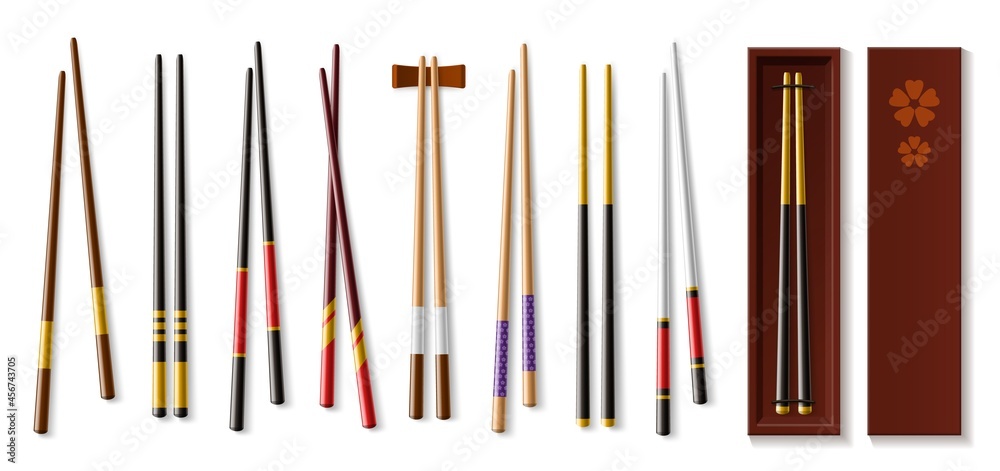 Realistic chopsticks. Asian tableware. Traditional Japanese or Chinese wooden cutlery. Isolated sushi food stick pairs. Stand and storage box. Vector oriental kitchen dinnerware set Realistic chopsticks. Asian tableware. Traditional Japanese or Chinese wooden cutlery. Isolated sushi food stick pairs. Stand and storage box. Vector oriental kitchen dinnerware set