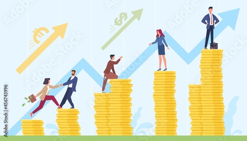 Money growing chart. Progress increase. Stacks of coins and business people steps. Assistance in business development. Growth of currency investments and savings. Vector financial success