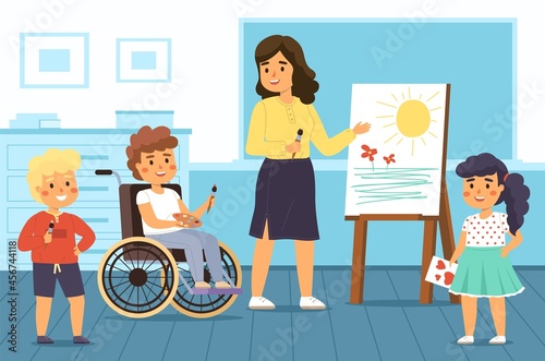 Disability kids school. Educational projects. Children with disabilities study in mixed classes. Teacher and students. Boy in wheelchair learns to draw. Vector handicapped socialization