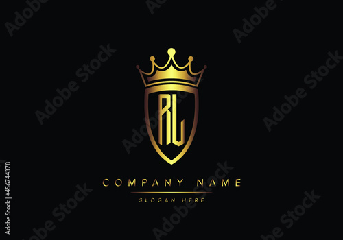 Alphabet letters RL monogram logo, gold color, shield style, luxury style, vector illustration