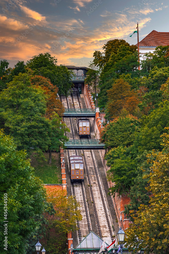 Fototapeta premium Old funiculars climbing up the castle hill in Budapest, Hungary