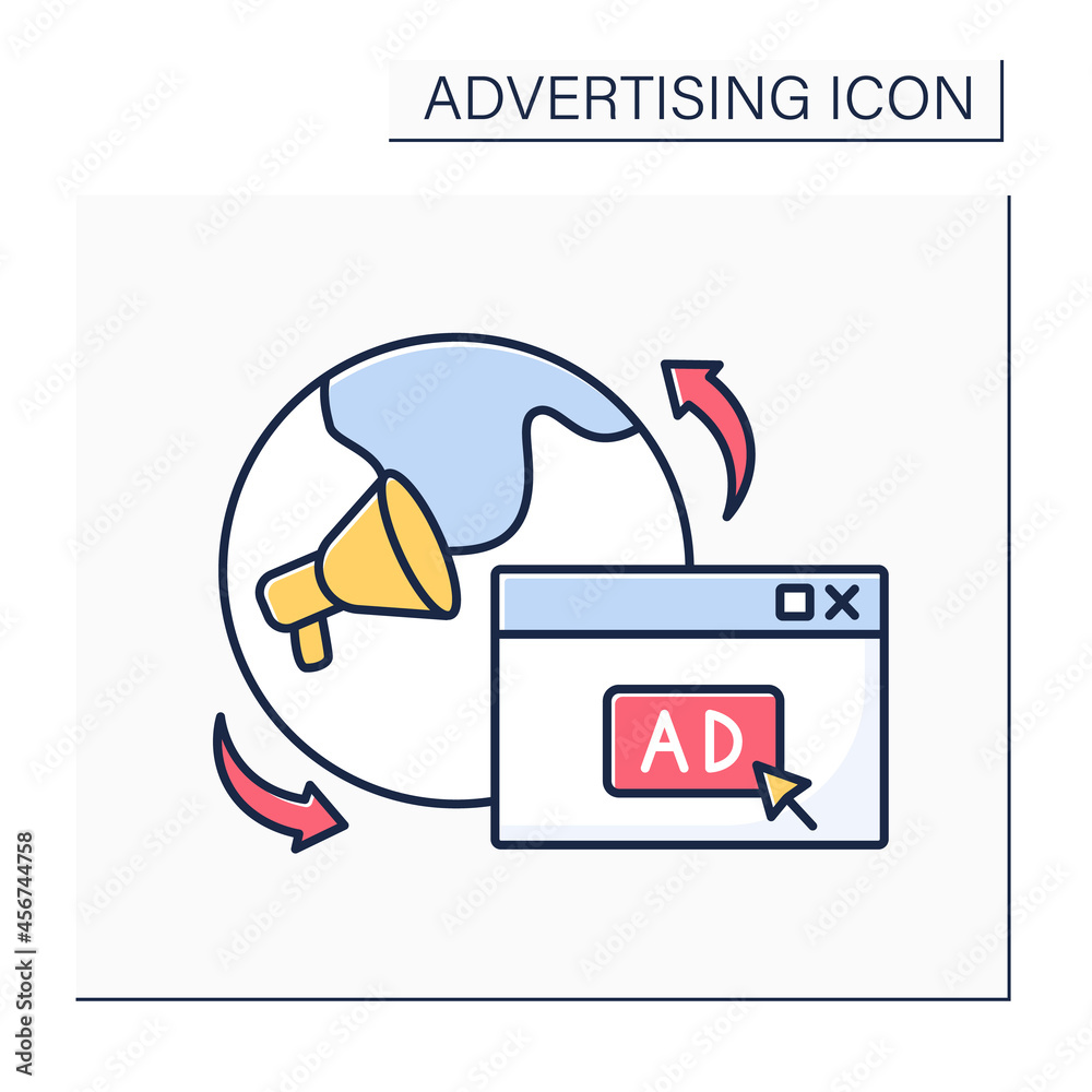 International ads color icon.Dissemination of commercial message to target audiences in countries. Business activity. Goods promoting.Advertising concept. Isolated vector illustration
