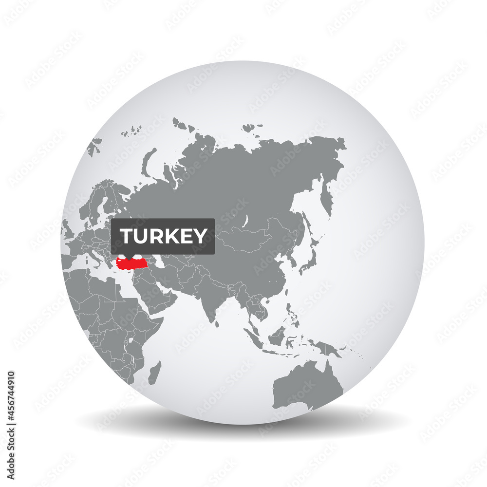 World globe map with the identication of Turkey. Map of Turkey. Turkey on grey political 3D globe. Asia map. Vector stock.