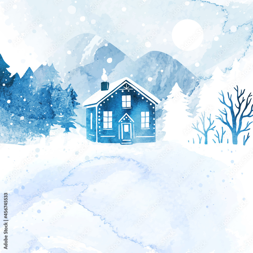Watercolor Christmas vector landscape. Mountains, forest and house in blue color. Design for poster, postcard, banner