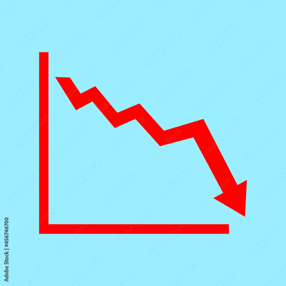 Red arrow going down stock icon on blue background. flat style. Bankruptcy, financial market crash icon for your web site design, logo, app, UI. graph chart downtrend symbol. chart going down sign. Red arrow going down stock icon on blue background. flat style. Bankruptcy, financial market crash icon for your web site design, logo, app, UI. graph chart downtrend symbol. chart going down sign.
