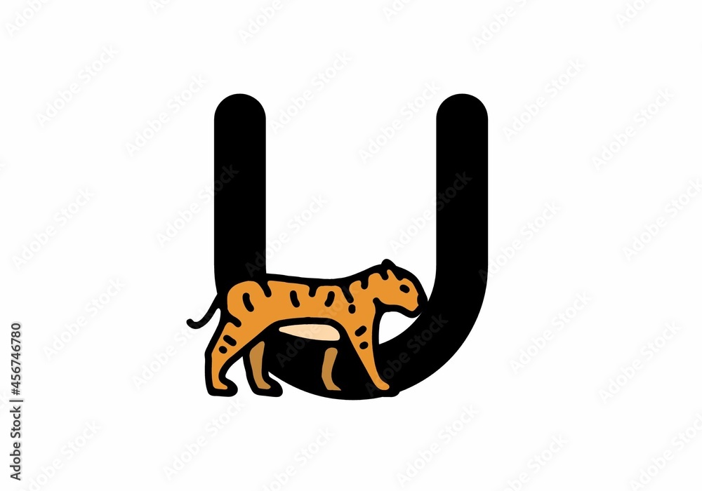 Fototapeta premium Line art illustration of tiger with U initial letter