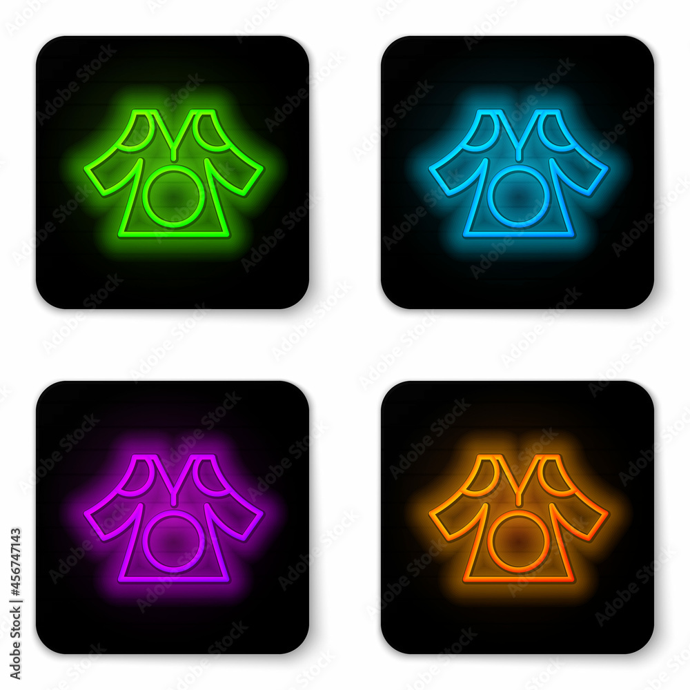 Glowing neon line Kimono icon isolated on white background. Chinese, Japanese, Korean, Vietnamese wearing national costumes, kimono. Traditional Asian costumes. Black square button. Vector Glowing neon line Kimono icon isolated on white background. Chinese, Japanese, Korean, Vietnamese wearing national costumes, kimono. Traditional Asian costumes. Black square button. Vector