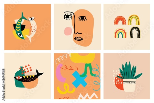 Set of hand drawn various faces, shapes and doodle objects. Abstract contemporary modern vector illustration.