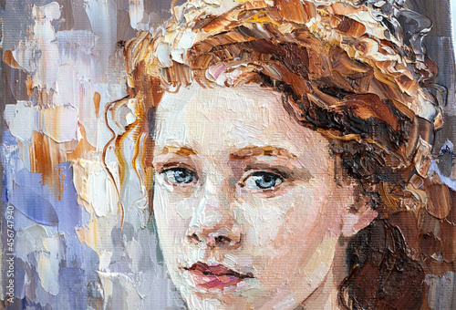 Fototapeta Naklejka Na Ścianę i Meble -  .The girl with red hair on a light background. Oil painting on canvas.