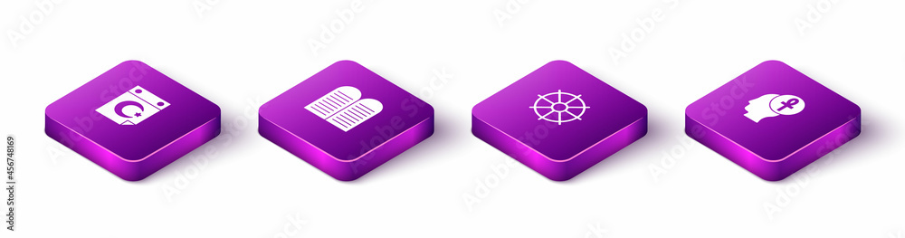 Set Isometric Star and crescent, The commandments, Dharma wheel and Cross ankh icon. Vector Set Isometric Star and crescent, The commandments, Dharma wheel and Cross ankh icon. Vector