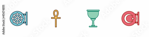 Set Dharma wheel, Cross ankh, Holy grail or chalice and Star and crescent icon. Vector