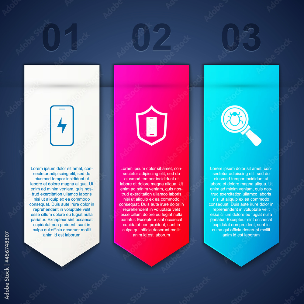 Set Mobile charging battery, with shield and System bug. Business infographic template. Vector Set Mobile charging battery, with shield and System bug. Business infographic template. Vector
