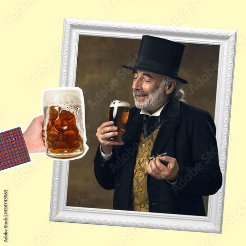 Collage with elderly gray-haired man, gentleman, aristocrat or actor drinking beer isolated on dark vintage background like picture frame. Comparison of eras concept.