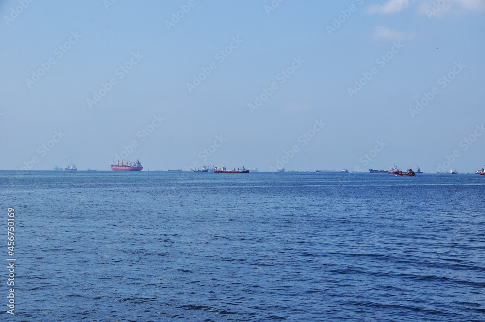 Panoramic view of the Bosphorus Strait with ships in the roads. Calm sea on a summer day. Istanbul. Panoramic view of the Bosphorus Strait with ships in the roads. Calm sea on a summer day. Istanbul.