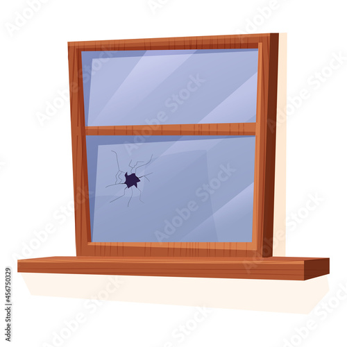 Wooden window with broken, cracked glass in cartoon style isolated on white background. Accident, abandoned construction.