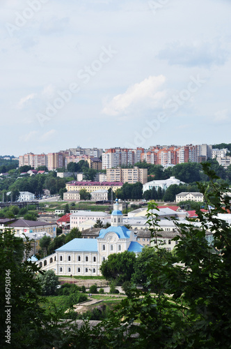 Panoramic view of houses in Smolensk. A view from a height of the church and the multi-storey residential area.