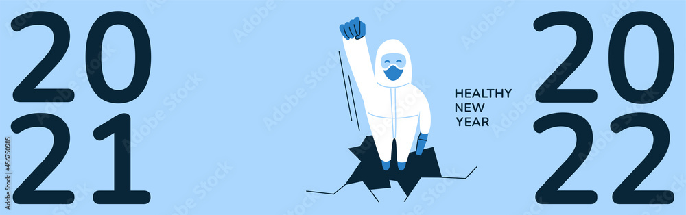 Horizontal 2022 New Year banner, poster design concept. Protect from coronavirus. Fight virus. Doctor nurse in white hazmat suit, mask. Health and healthcare. People working in hospital Horizontal 2022 New Year banner, poster design concept. Protect from coronavirus. Fight virus. Doctor nurse in white hazmat suit, mask. Health and healthcare. People working in hospital