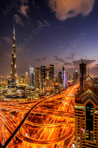 Panorama of down town Dubai modern city at night