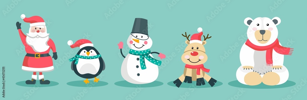 Funny Christmas characters set of Santa, snowman, deer, penguin, bear, in a hat and scarf. Vector illustration in a flat style. The concept of Christmas and New Year.