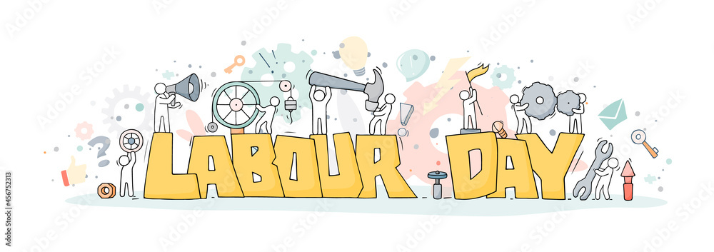 Fototapeta premium Sketch with words Labour Day and little people.