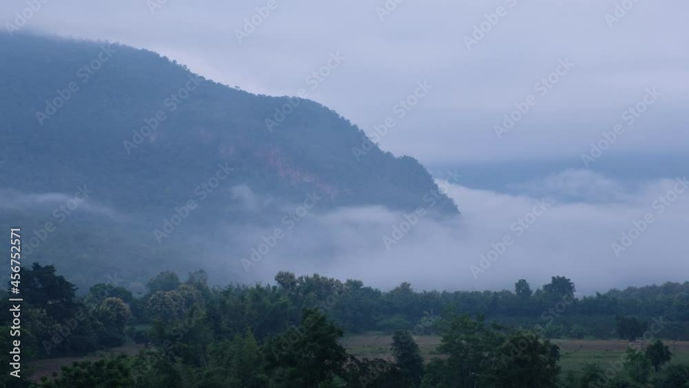 Landscape of greenery rainforest and mountains on foggy day Landscape of greenery rainforest and mountains on foggy day