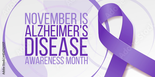 Alzheimer's disease awareness month concept. Banner template with purple ribbon and text.  Vector illustration.