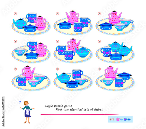 Logic puzzle game for children and adults. Find two identical sets of dishes. Memory exercises for seniors. Page for kids brain teaser book. Developing counting skills. Play online. Vector image.