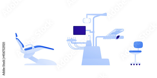 Dental clinic concept. Vector flar healthcare illustration. Set of dentistry hospital office equipment isolated on white background. Chair, machine with monitor, drill and lamp.