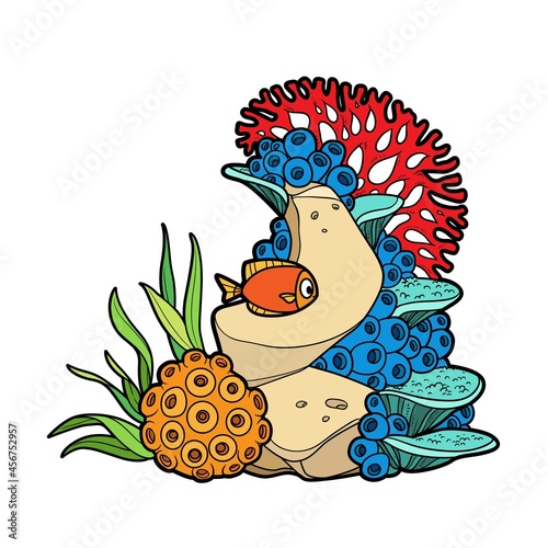 coral reef inhabitants corals, sponges and fish  color variation for coloring page isolated on white background