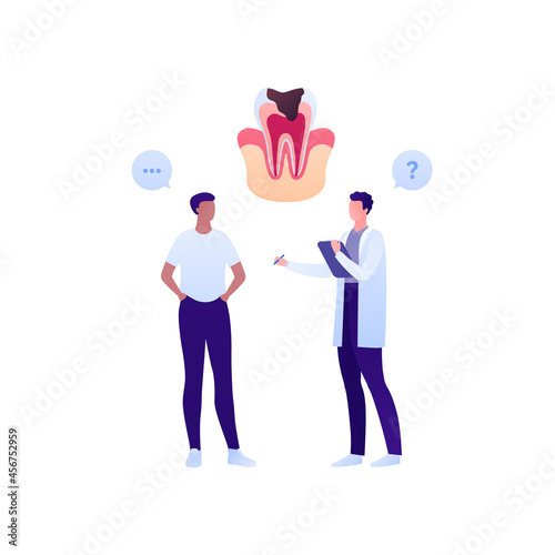 Dental clinic and teeth checkup concept. Vector flar healthcare illustration. Male patient and dentist doctor appointment isolated on white. Tooth with decay symbol. Design for oral health care