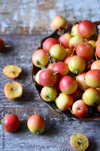 Macro. Paradise apples on a plate. Autumn harvest of apples.