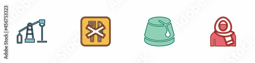 Set Oil pump or pump jack, Ramadan fasting, Turkish hat and Muslim woman hijab icon. Vector