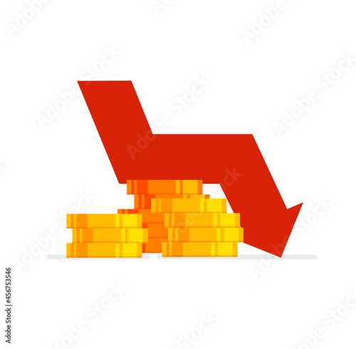 Down arrow stocks graph. World financial crisis. Price drop. Bankruptcy. Concept of collapse of the economy. Vector illustration isolated on white background.
