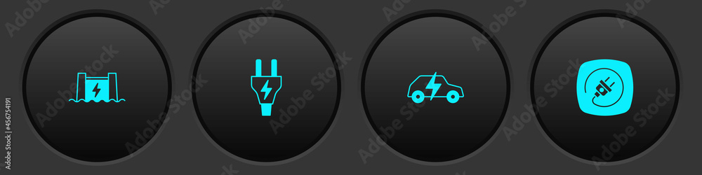 Set Hydroelectric dam, Electric plug, car and icon. Vector