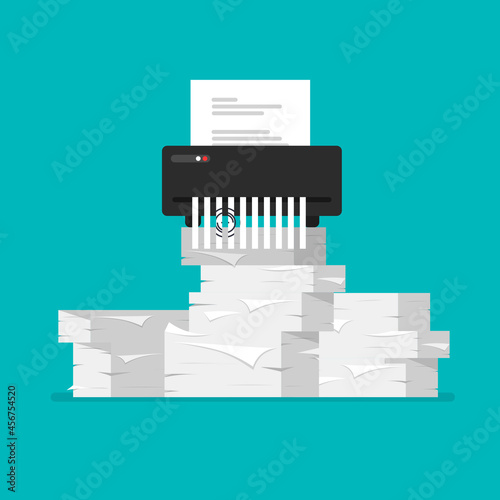 Paper shredder machine icon. Broken or torn confidential and private document. Hand holds contract. Papers heap. Vector Illustration.