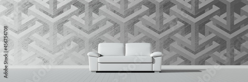 White empty interior with white modern sofa. 3D monochrome geometric pattern on the wall. Template for design. 3D pattern in the modern interior. Optical illusions. Presentation concept. 3D render.