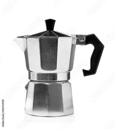 Modern geyser coffee maker isolated on white. Camping equipment