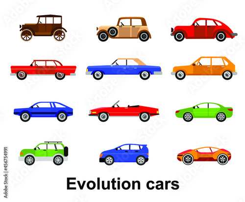 The evolution of atomobiles. Isolated objects are cars. Retro car, modern car, sports car. Isolated on a white background