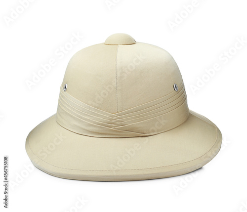 Stylish safari hat isolated on white. Tourist outfit