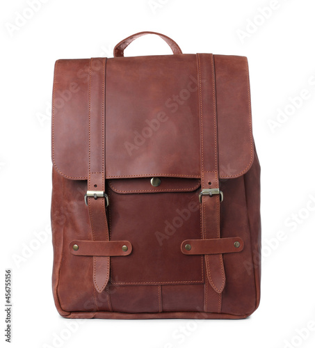 Stylish leather backpack isolated on white. Tourist outfit