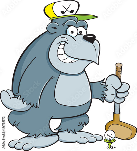 Cartoon illustration of a smiling gorilla wearing a golf cap while holding a golf club. © bennerdesign